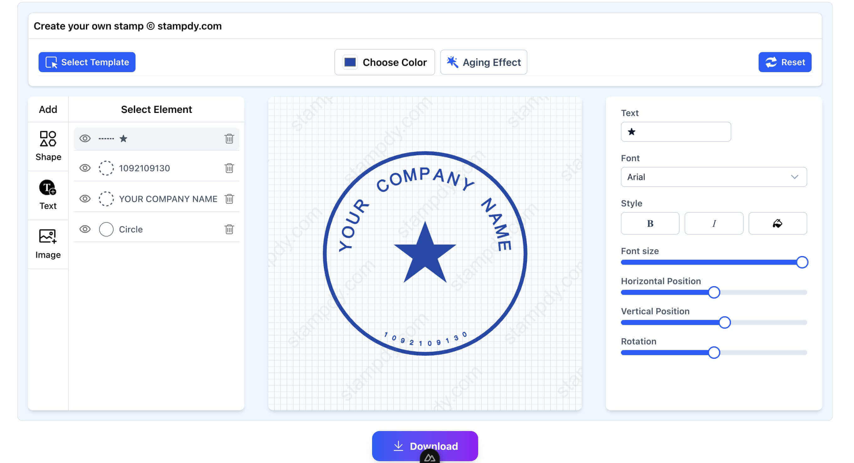 StampDy editor showing a blue circular company stamp and customization controls